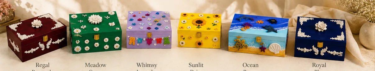 All six Naarayani designs lined up together on linen