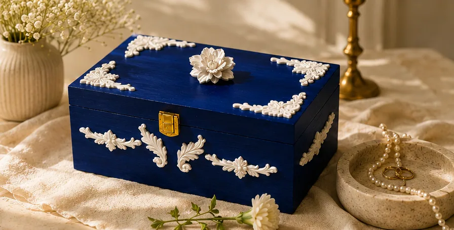 A Royal Blue keepsake box styled with pearls, brass and dried flowers in morning light