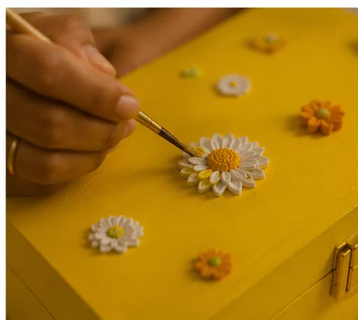 Fine detail painting on a daisy appliqué on a yellow lid