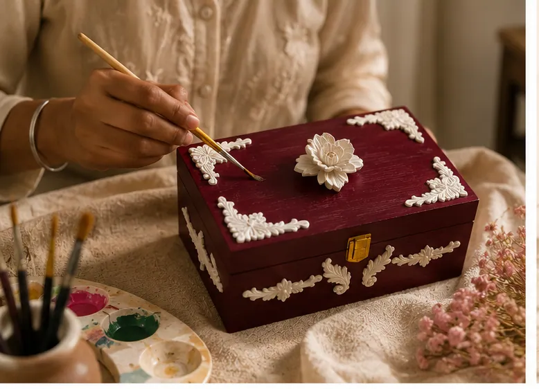 An artisan painting a burgundy box with a fine brush