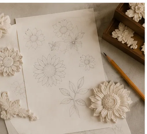 Pencil sketches of sunflowers and leaves beside cast relief pieces