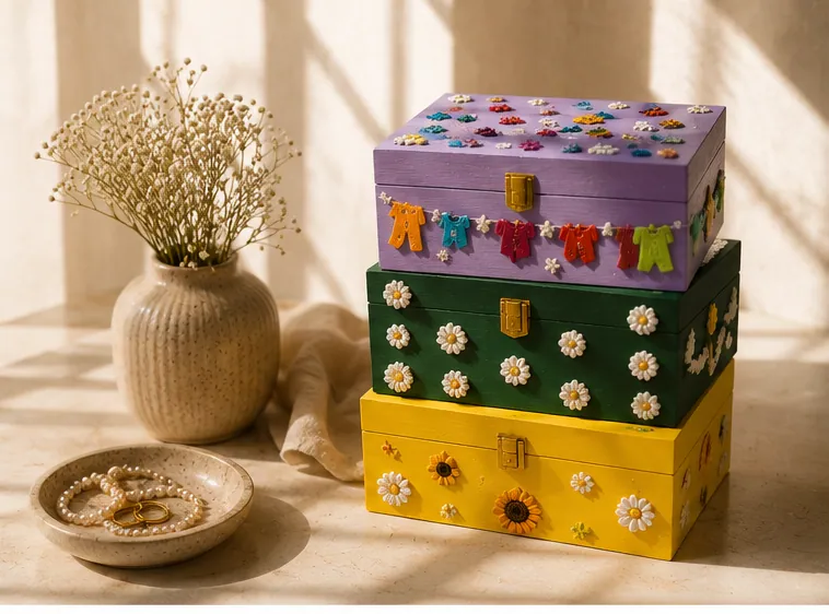 Three finished boxes stacked beside a vase of dried gypsophila