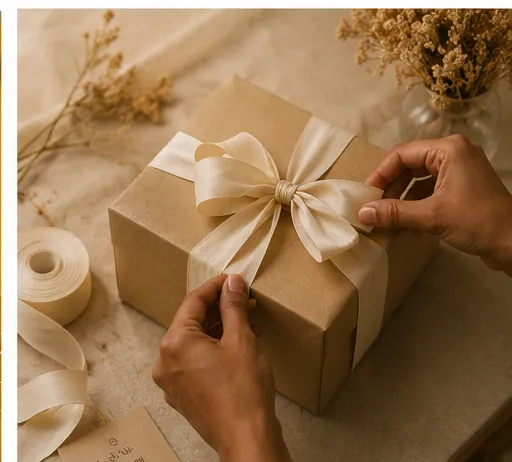 A finished box being wrapped in kraft paper and ribbon