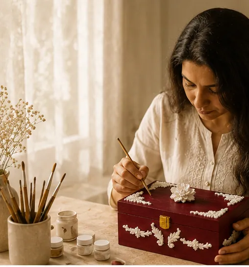 The artisan at her worktable, painting a burgundy keepsake box in window light