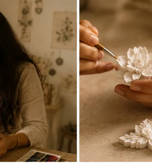 Hands tinting a white cast relief flower with a fine brush